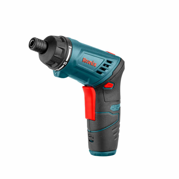 3.6V Cordelss Screwdriver Kit Screwdriver（ 7477C blue + 186C red) with embossed.  2. No-load speed: 210 rpm. 3. Max torque: 5 N.m. 4. Clutch: 15+1 setting. 5. Battery: 1500mAh Li-ion（QiXin battery). 6. Charging time: 3 hours. 7. 1/4" Quick Release Chuck. 8. Foldable body&Spindle-Lock