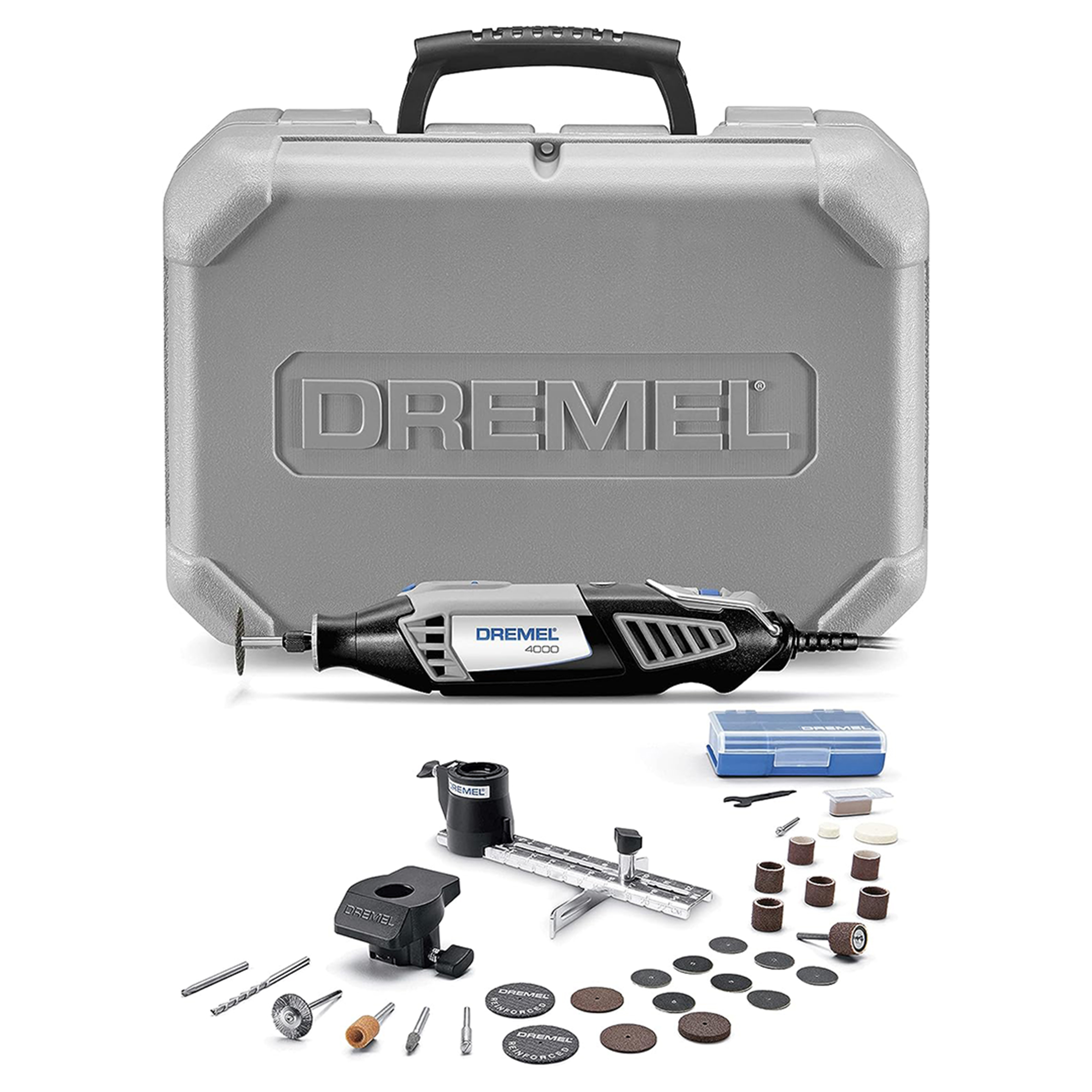 Dremel 4000-2/30 High Performance Rotary Tool Kit- 2 Attachments & 30 Accessories- Grinder, Sander, Engraver- Perfect for Routing, Black, Full Size, 32 Piece Kit , Grey